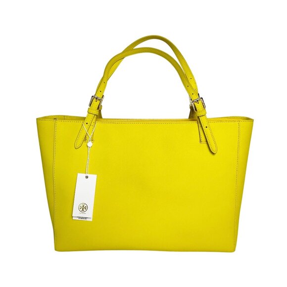 Tory Burch Saffiano Leather York Dual Buckle Dual Strap Tote in Sunshine - New - Picture 2 of 12